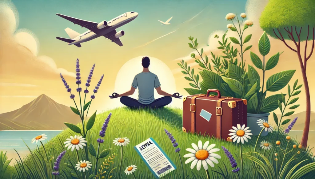 Best Over the Counter Flight Anxiety Medication: Natural OTC Remedies to Help You Stay Calm When Flying 1 Traveler meditating in a natural setting with chamomile and lavender plants, suitcase and airplane overhead symbolizing calm travel.