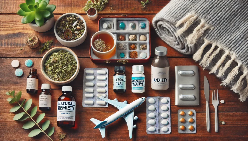 Best Over the Counter Flight Anxiety Medication: Natural OTC Remedies to Help You Stay Calm When Flying 2 Flat lay of natural flight anxiety remedies including herbal tea, essential oils, and supplements for travel calmness.