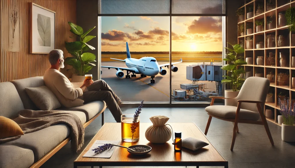 Best Over the Counter Flight Anxiety Medication: Natural OTC Remedies to Help You Stay Calm When Flying 3 Relaxed traveler in airport lounge drinking calming herbal tea with natural remedies nearby, airplane visible through window.