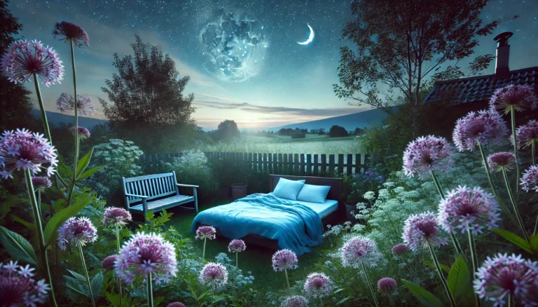 Peaceful nighttime landscape with a cozy bed surrounded by blooming valerian flowers under a starlit sky, evoking natural calm and restful sleep