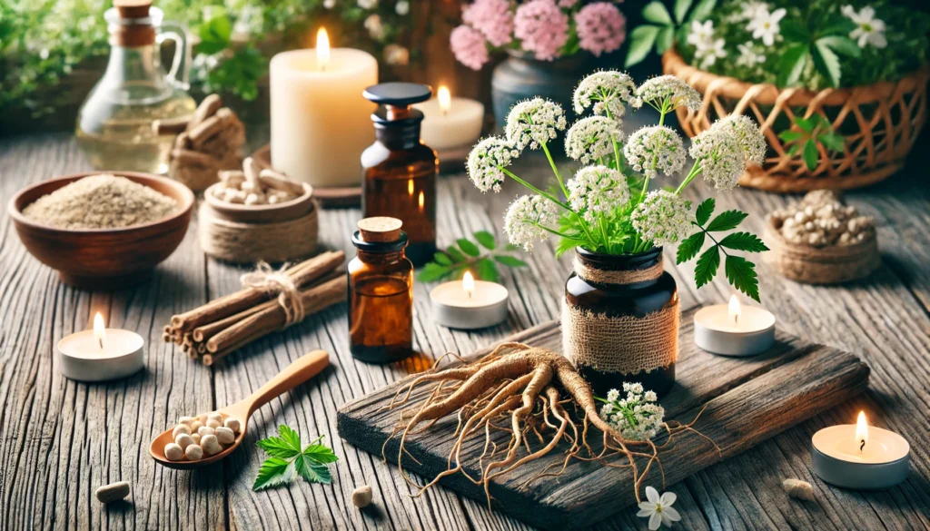 Does Valerian Help Anxiety and Sleep? Exploring the Best Valerian Root Supplement for Natural Calm and Rest 1 Close-up of fresh valerian root and flowers on a rustic wooden table, lit by soft candlelight with herbal supplements nearby, symbolizing natural anxiety relief.