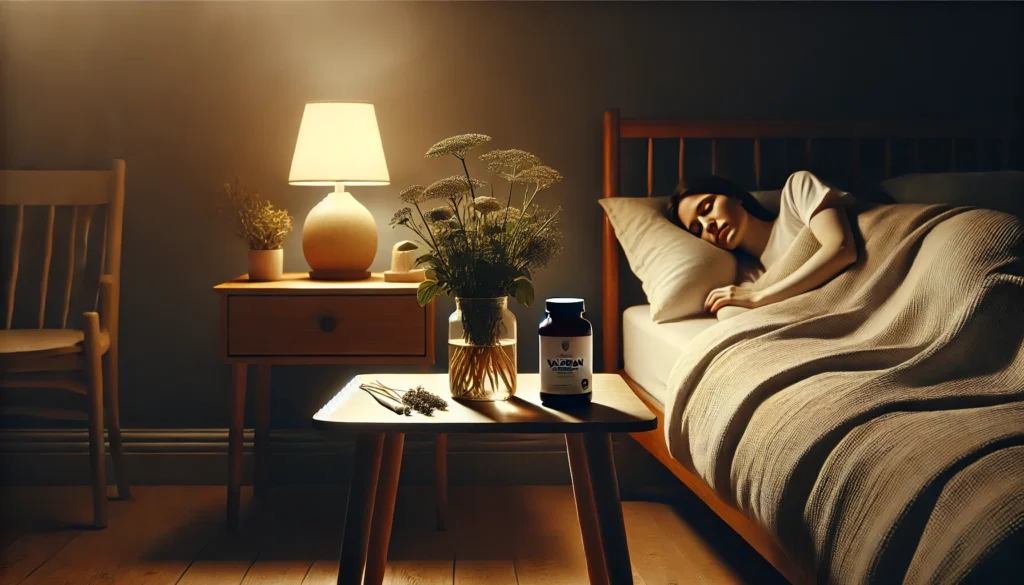 Does Valerian Help Anxiety and Sleep? Exploring the Best Valerian Root Supplement for Natural Calm and Rest 2 Minimalist bedroom at night with a person peacefully asleep, valerian supplement bottle and herbs on a bedside table, depicting natural sleep support