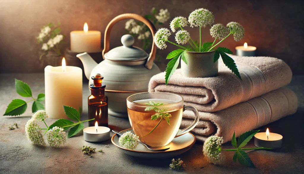 Does Valerian Help Anxiety and Sleep? Exploring the Best Valerian Root Supplement for Natural Calm and Rest 3 Spa-like scene with a cup of valerian tea, fresh flowers, soft towels, and glowing candles, creating a tranquil setting for stress and sleep relief
