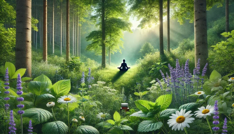 A person meditating peacefully in a lush green forest, surrounded by calming herbal plants like lavender and chamomile, with soft morning light filtering through the trees — symbolizing natural mental wellness and serenity.