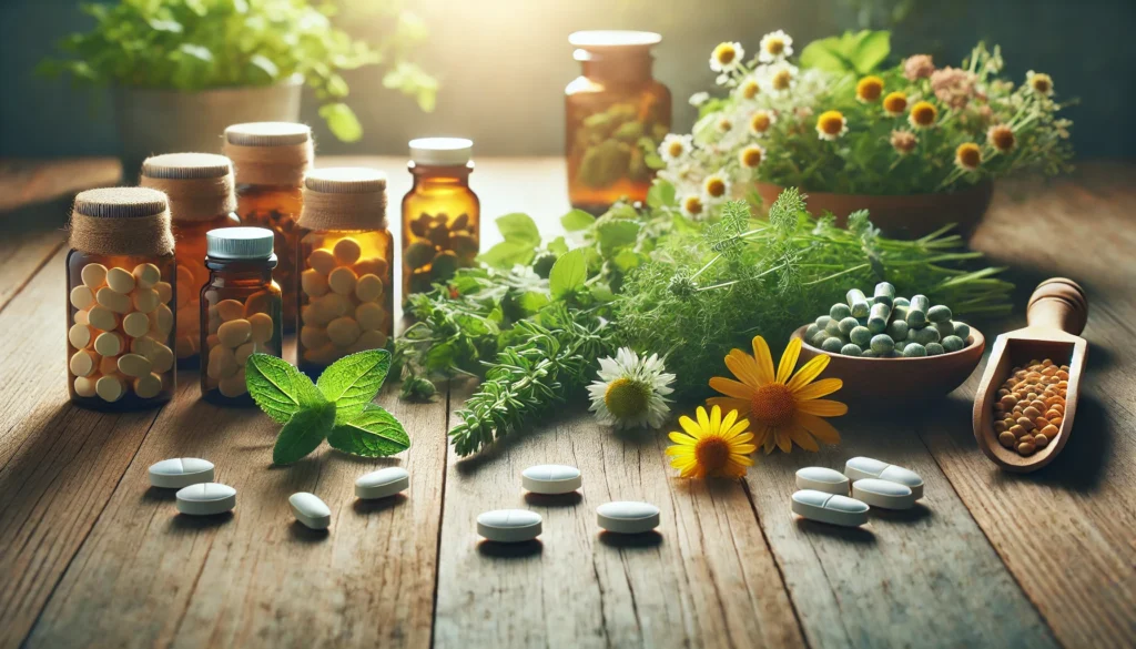 Can SSRIs for Anxiety Be More Effective When Paired with Herbal Remedies? Exploring Natural Ways to Support Mental Wellness 1 A wooden table with SSRI pill bottles arranged alongside fresh herbs like St. John’s Wort and chamomile, lit by soft daylight — depicting the harmony between modern anxiety treatments and natural remedies.