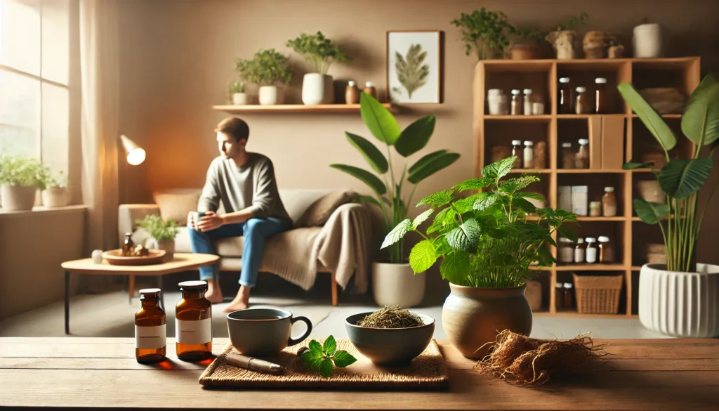 Can SSRIs for Anxiety Be More Effective When Paired with Herbal Remedies? Exploring Natural Ways to Support Mental Wellness 2 A cozy indoor setting where a person sits peacefully with a cup of herbal tea, surrounded by calming plants and medications — representing a tranquil integration of SSRIs and herbal support for anxiety.