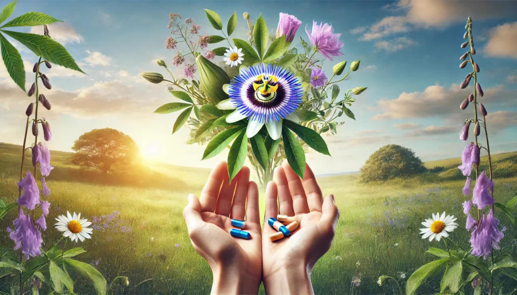 Can SSRIs for Anxiety Be More Effective When Paired with Herbal Remedies? Exploring Natural Ways to Support Mental Wellness 3 Two hands offering different healing approaches: one with a blooming passionflower, the other with SSRI capsules, set against a serene meadow — visually expressing the balance of natural and pharmaceutical treatments for anxiety relief.
