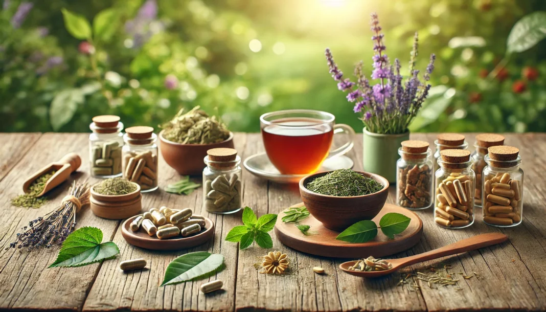 A wooden table in a lush green outdoor setting displaying herbal stress-relief supplements including ashwagandha, rhodiola, and valerian root in both capsule and dried form, surrounded by lavender, fresh leaves, and a calming cup of tea