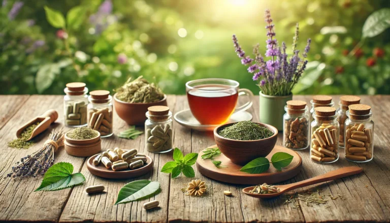 A wooden table in a lush green outdoor setting displaying herbal stress-relief supplements including ashwagandha, rhodiola, and valerian root in both capsule and dried form, surrounded by lavender, fresh leaves, and a calming cup of tea