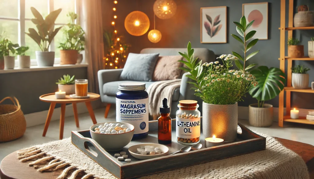 Best Stress Relief Supplements to Support Mental Wellness: What to Take for Stress and How to Lessen Anxiety Naturally 1 A cozy indoor scene with a reading nook and warm lighting, featuring a tray with natural stress-relief supplements such as magnesium capsules, L-theanine pills, CBD oil, chamomile tea, essential oils, and a potted plant