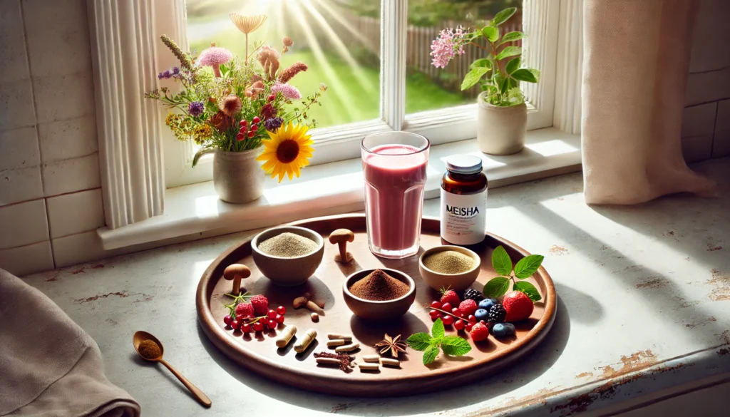 Best Stress Relief Supplements to Support Mental Wellness: What to Take for Stress and How to Lessen Anxiety Naturally 3 A sunlit kitchen setting with a breakfast tray showcasing adaptogenic supplements such as reishi, maca, and tulsi in powder and capsule form, alongside a smoothie, berries, and wildflowers symbolizing natural wellness
