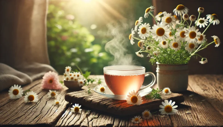 A calming scene with a steaming cup of chamomile tea surrounded by fresh chamomile flowers on a rustic wooden table, with soft morning light filtering through a window and a garden view in the background.