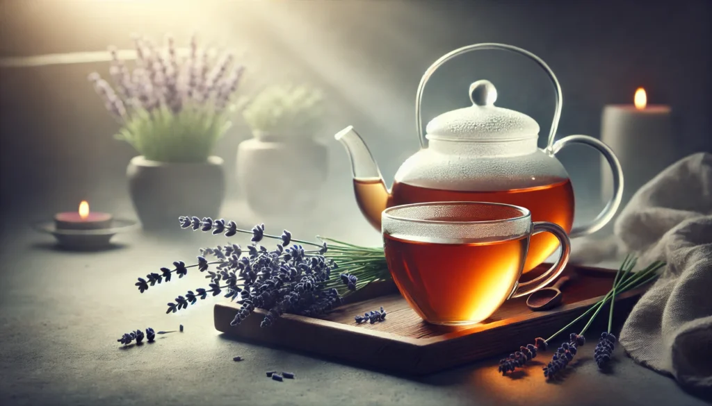 What Tea Is Good for Anxiety? Exploring the Best Herbal Teas to Calm Nerves and Support Mental Wellness Naturally 1 A tranquil image showing a glass teapot and cup of lavender tea on a wooden tray, accompanied by fresh lavender sprigs, with a peaceful, misty background and soft natural lighting.