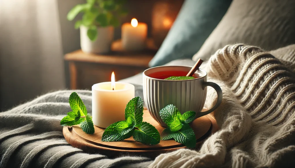 What Tea Is Good for Anxiety? Exploring the Best Herbal Teas to Calm Nerves and Support Mental Wellness Naturally 3 A cozy indoor setting with a cup of peppermint tea resting on a soft blanket, next to a lit candle and fresh peppermint leaves, bathed in ambient light to evoke relaxation.