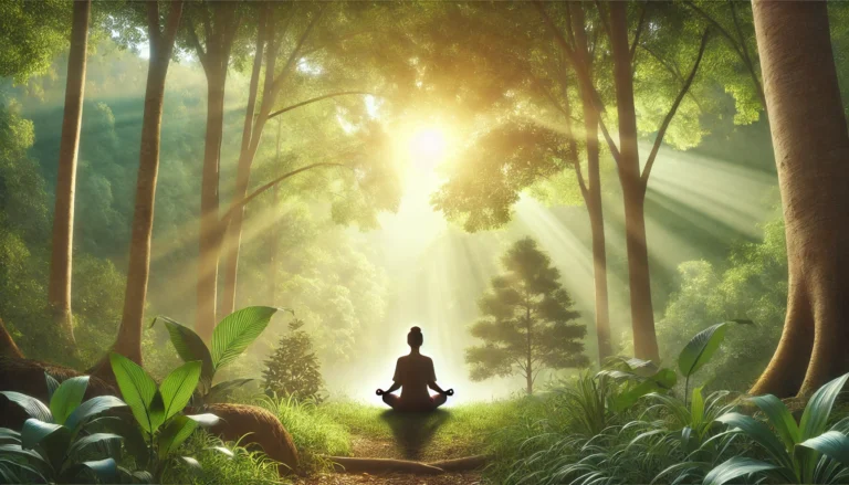 Person meditating in a peaceful sunlit forest, symbolizing mental clarity and relaxation associated with Vitamin B1’s calming effects.