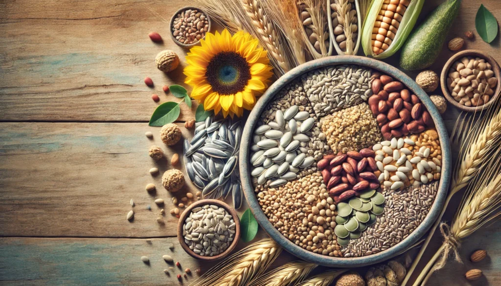 How Thiamine May Help Ease Anxiety: Exploring the Benefits of Vitamin B1 for Mental Wellness 1 Artistic display of Vitamin B1-rich foods like whole grains and seeds on a wooden surface, representing nutritional support for mental wellness.