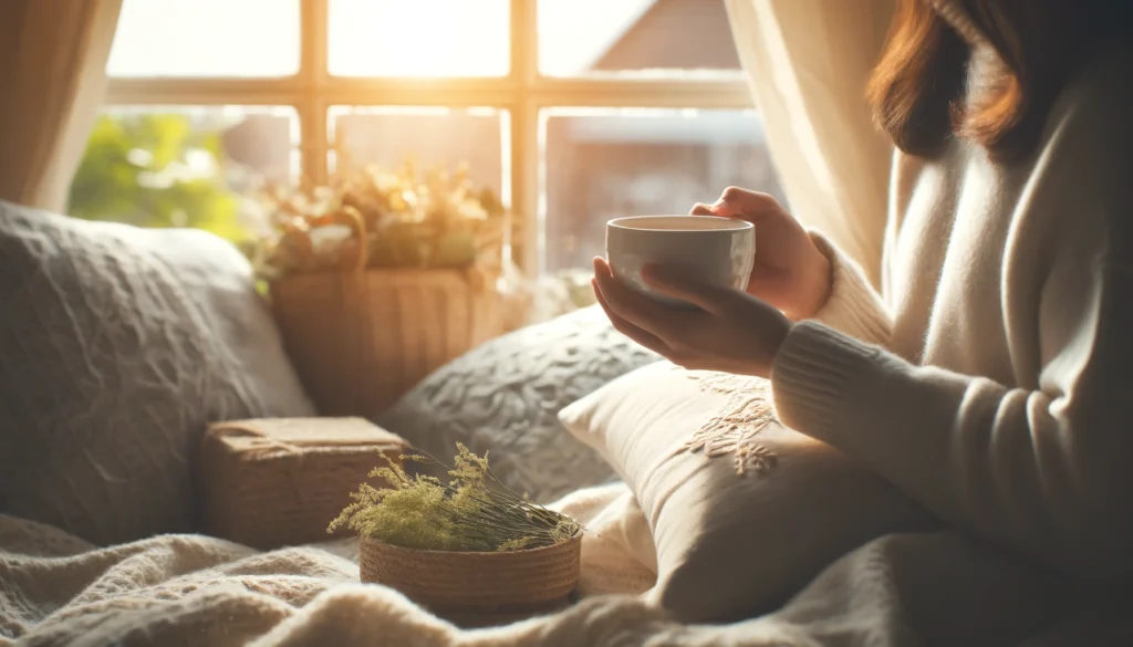 How Thiamine May Help Ease Anxiety: Exploring the Benefits of Vitamin B1 for Mental Wellness 3 Person enjoying herbal tea in a cozy, sunlit setting, visually conveying comfort and reduced anxiety linked to Vitamin B1 benefits.