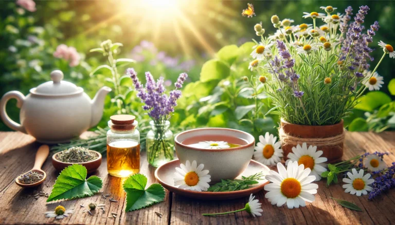 Herbal remedies for anxiety and depression including chamomile, lavender, and a cup of tea in a sunlit garden setting with lush green surroundings.