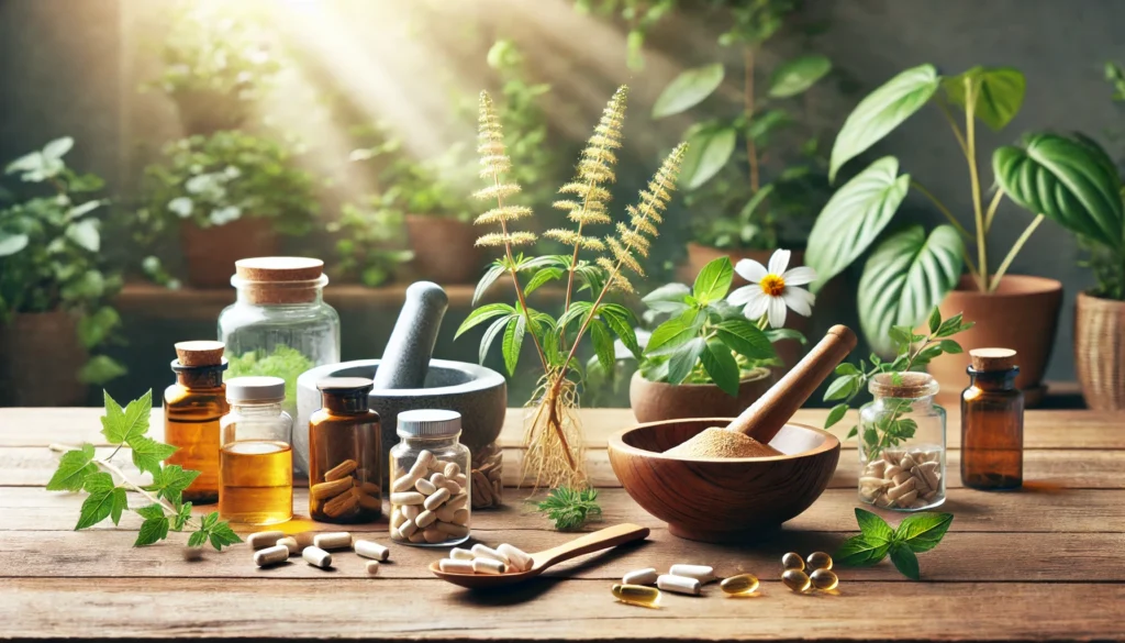 Natural holistic supplements like ashwagandha, St. John's Wort, omega-3 capsules, and herbal powders on a wooden table in a calming indoor wellness space.
