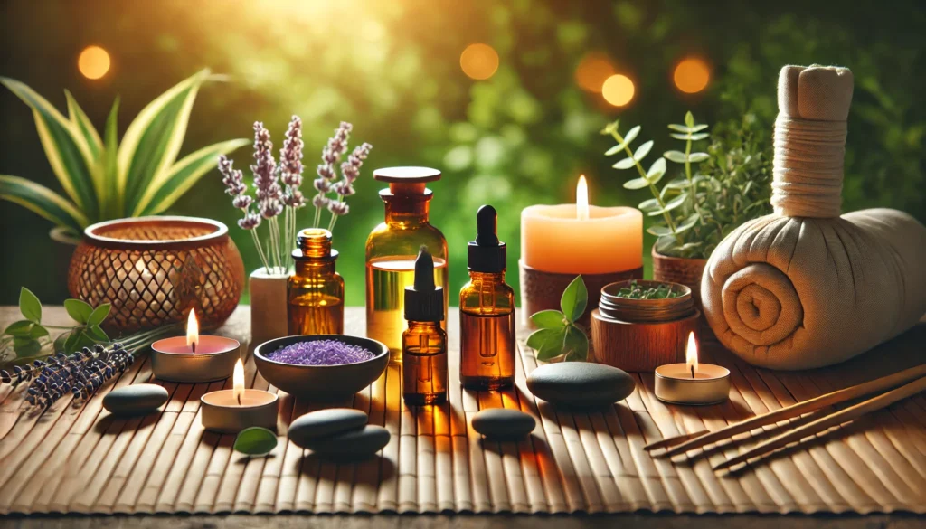 Aromatherapy scene with essential oils, candles, smooth stones, and herbs arranged on a bamboo mat in a soothing spa-like environment.