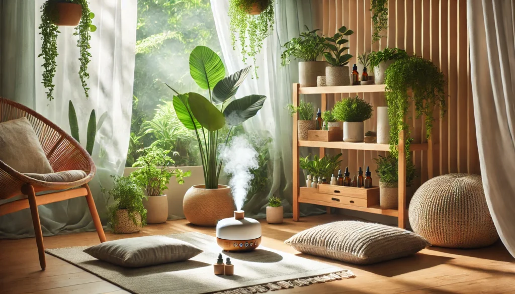 Tranquil meditation room with floor cushions, green plants, herbal tinctures, and a mist diffuser creating a peaceful space for mental wellness.