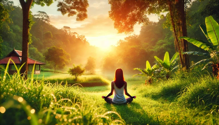 Woman meditating peacefully in a sunrise-lit grassy field surrounded by nature, symbolizing emotional balance and mental calmness.