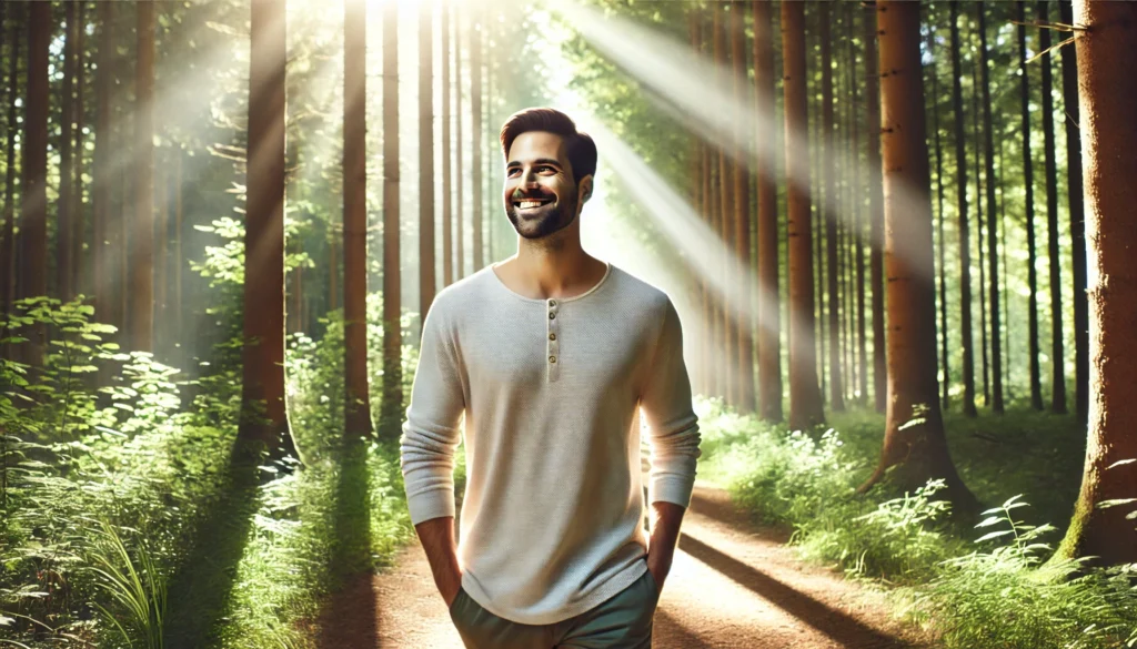 Can Vitamin B6 Improve Mood and Reduce Anxiety? Exploring the Benefits of Magnesium and B6 Supplements for Mental Wellness 3 Smiling man walking along a serene, sun-dappled forest path, evoking reduced anxiety, mental peace, and emotional stability.