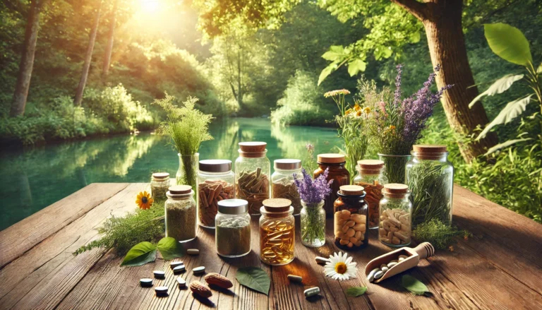 Various holistic supplements and natural herbs displayed on a wooden table outdoors, surrounded by lush greenery and sunlight, symbolizing natural stress relief and emotional balance.