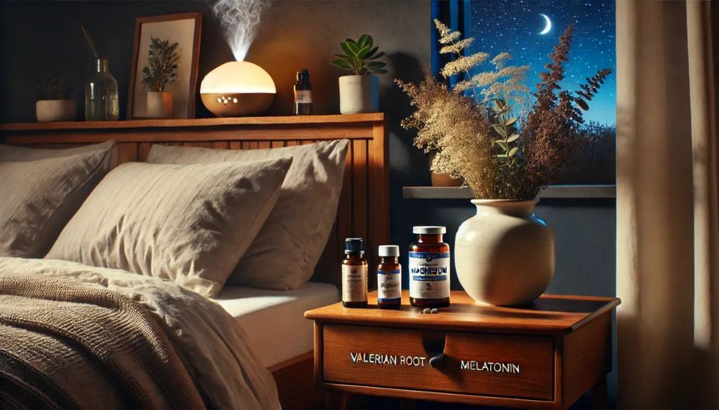 Vitamins for Mood and Stress: Can Holistic Supplements Help Improve Emotional Balance and Sleep Naturally? 2 Softly lit cozy bedroom at night with a bedside table featuring natural sleep supplements, a ceramic diffuser releasing mist, and a peaceful ambiance promoting restful sleep.