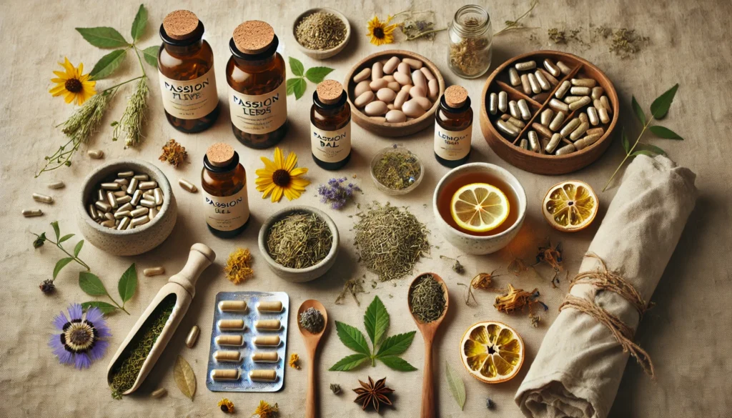 Vitamins for Mood and Stress: Can Holistic Supplements Help Improve Emotional Balance and Sleep Naturally? 1 Flat lay of holistic mood and stress relief supplements including dried herbs, capsules, and herbal tea on a neutral-toned fabric, evoking natural calm and wellness.