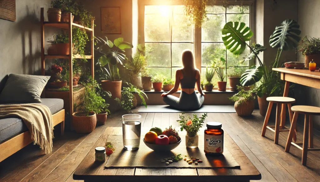 Vitamins for Mood and Stress: Can Holistic Supplements Help Improve Emotional Balance and Sleep Naturally? 3 A serene morning yoga scene with a person meditating near a window, next to a table holding natural mood-enhancing supplements, fresh fruit, and water, symbolizing emotional well-being.