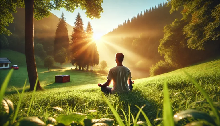 A person meditating peacefully in a sunlit meadow surrounded by green grass and forest trees during sunrise, symbolizing natural Vitamin D absorption and mental wellness.