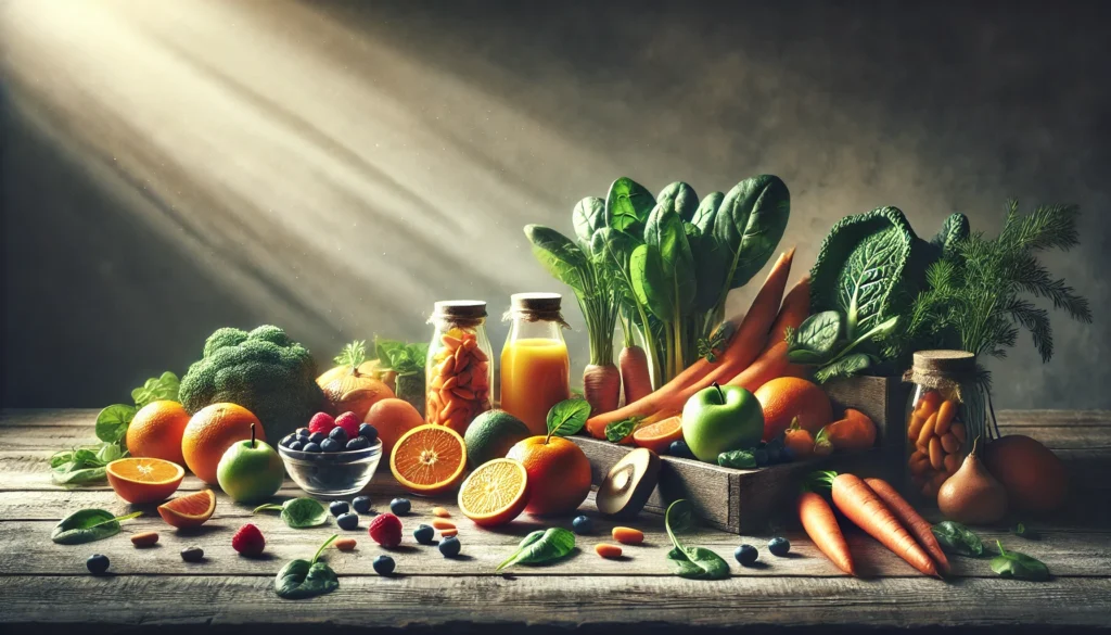 How Vitamin D and Other Essential Vitamins for SAD May Help Support Mental Wellness Naturally 1 A rustic wooden table filled with colorful fresh fruits and vegetables, including oranges, berries, spinach, and carrots, bathed in natural light to suggest nutrient-rich support for mental health.