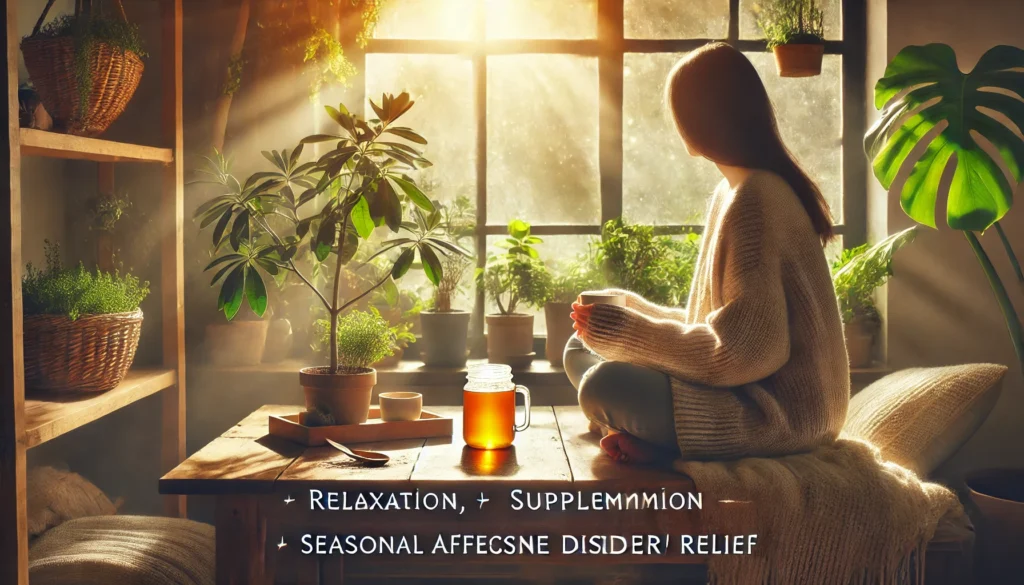 How Vitamin D and Other Essential Vitamins for SAD May Help Support Mental Wellness Naturally 2 A cozy interior scene with a person enjoying herbal tea by a sunlit window, surrounded by indoor plants, radiating relaxation and natural wellness during seasonal changes.