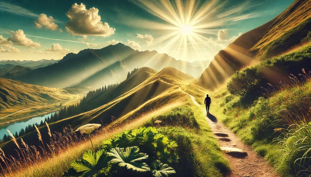 How Vitamin D and Other Essential Vitamins for SAD May Help Support Mental Wellness Naturally 3 A person walking along a mountain trail under a clear, sunny sky, surrounded by nature, evoking the benefits of outdoor activity and Vitamin D for emotional well-being.