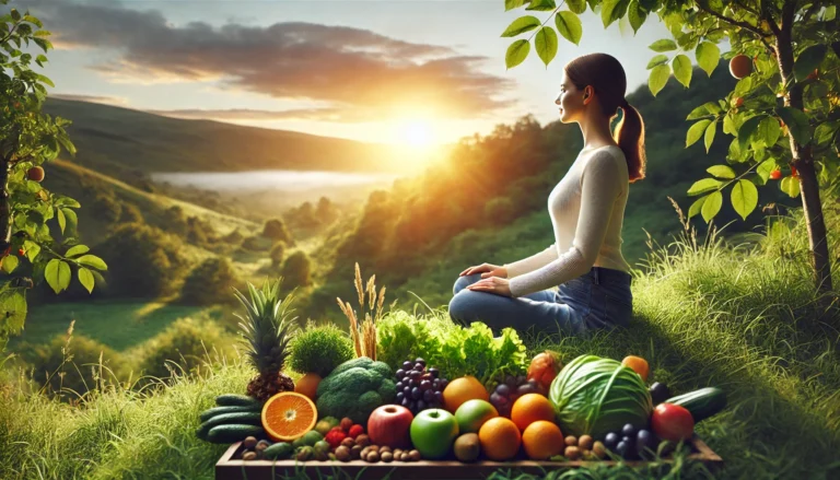 Woman sitting peacefully in nature at sunrise surrounded by fresh fruits, leafy greens, and nuts, symbolizing the natural connection between diet and mental well-being.