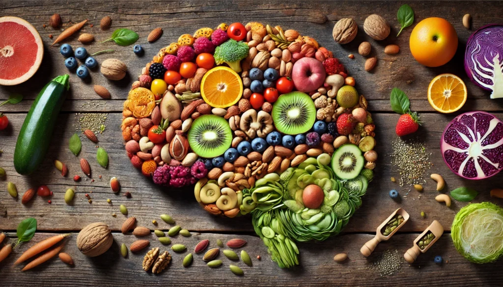 What Vitamin Deficiency Causes Anxiety? Exploring the Link Between Nutrient Gaps and Mental Wellness Naturally 1 Brain shape creatively formed from colorful fruits, vegetables, seeds, and nuts on a rustic wooden table, representing the impact of vitamin-rich foods on mental clarity.