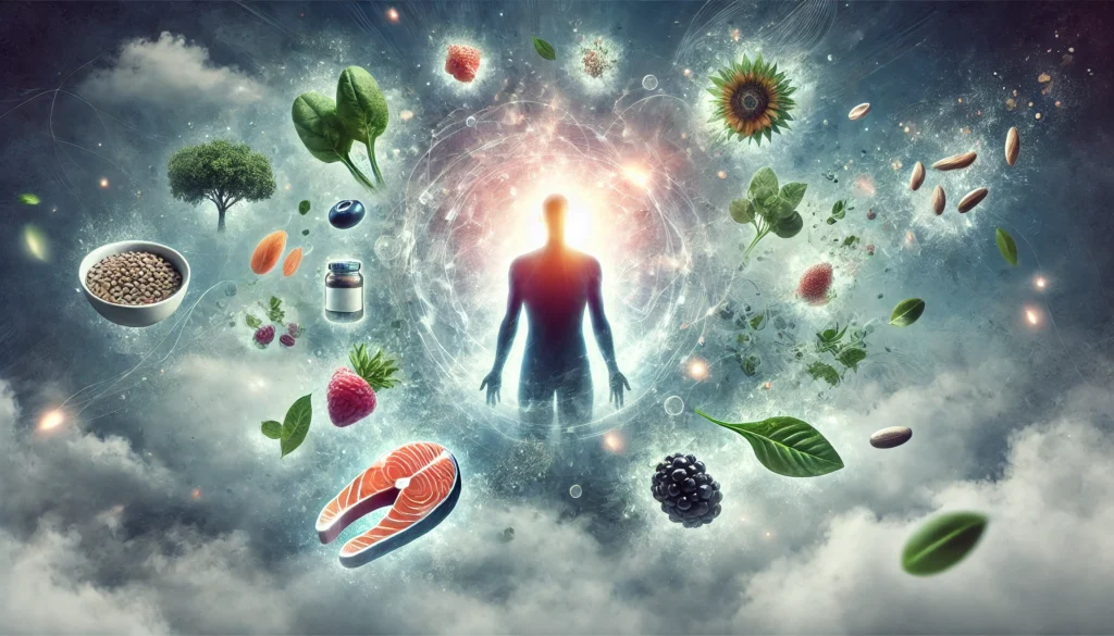 What Vitamin Deficiency Causes Anxiety? Exploring the Link Between Nutrient Gaps and Mental Wellness Naturally 2 Glowing human silhouette emerging from fog, surrounded by floating images of salmon, spinach, berries, and seeds, depicting anxiety fading through natural nutrition.