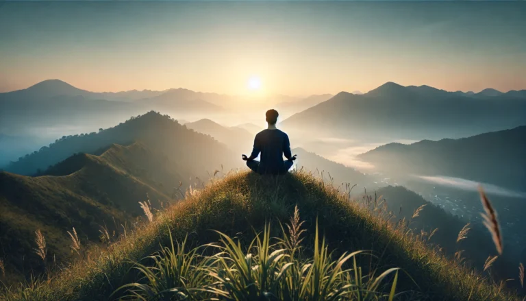 A person meditating on a grassy hilltop at sunrise, surrounded by misty mountains and tranquil nature, symbolizing calmness, reflection, and holistic mental health practices.