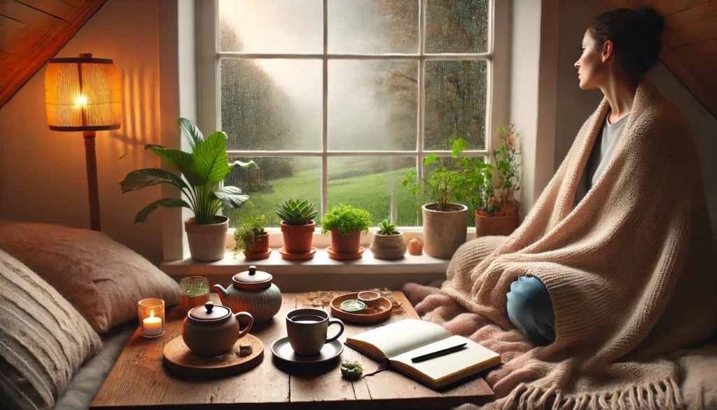 person wrapped in a blanket sitting by a window on a rainy day, with tea, indoor plants, and a journal nearby—evoking comfort, mindfulness, and natural anxiety relief.
