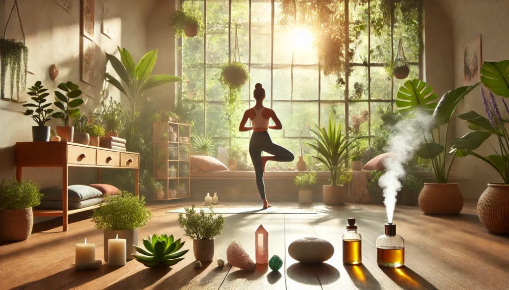 A person practicing yoga in a sunlit room filled with green plants, crystals, and aromatherapy elements, visually expressing wellness and holistic anxiety management.