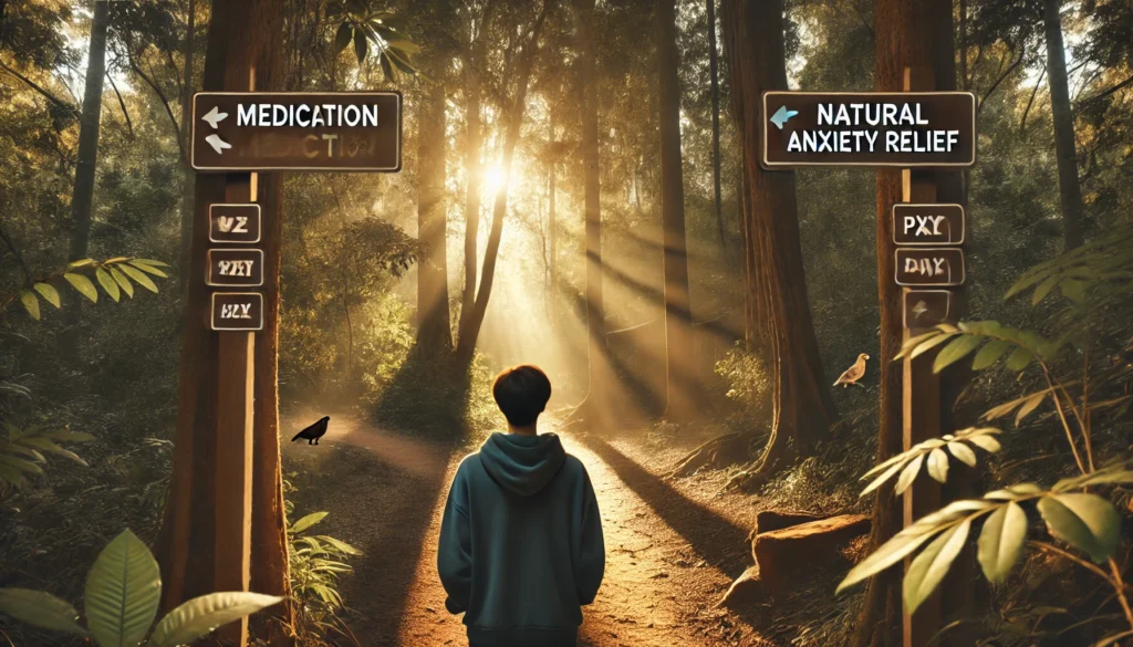 A person walking alone through a serene forest trail at golden hour, with a peaceful atmosphere and a path splitting ahead, representing choices in anxiety treatment approaches.