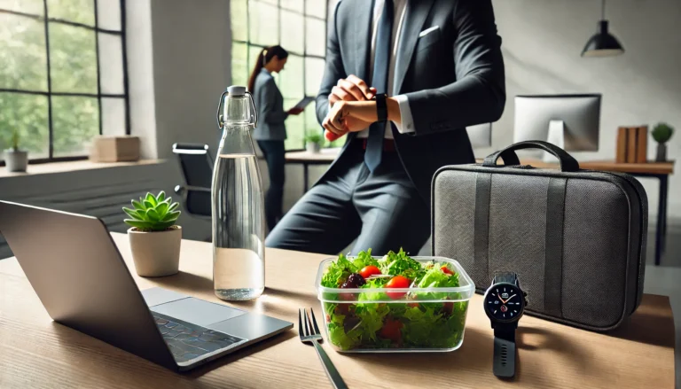 A modern office desk featuring a healthy salad in a glass container, a reusable water bottle, and a professional checking their smartwatch while eating during work hours.