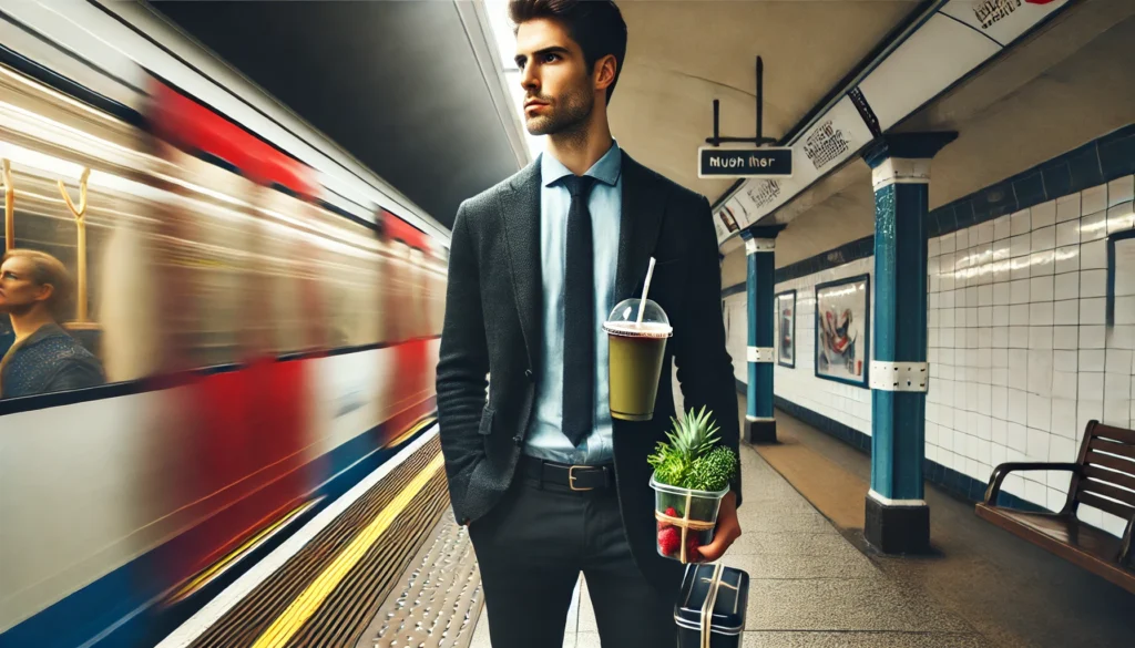 Smart Healthy Eating Tips for Busy Professionals: How to Stay Nourished When You’re Always on the Go 1 A professional holding a smoothie and a healthy snack container on a busy subway platform during morning rush hour, with a train arriving in the background.