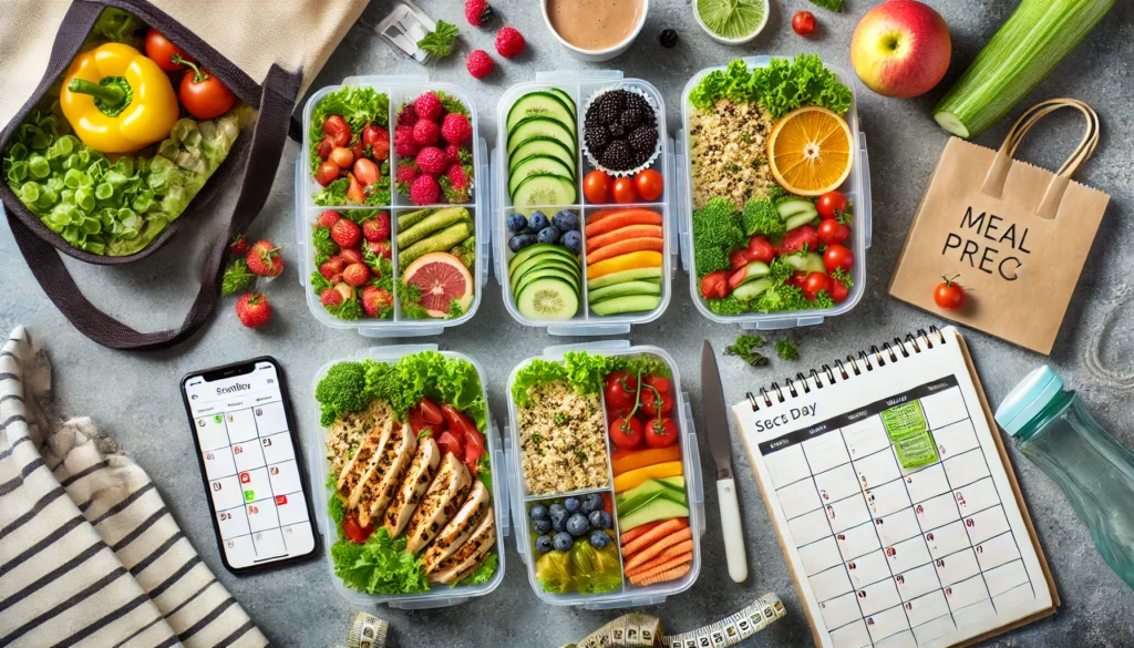Smart Healthy Eating Tips for Busy Professionals: How to Stay Nourished When You’re Always on the Go 2 An overhead view of a kitchen counter with colorful meal prep containers filled with healthy food, a smartphone with a calendar open, and a reusable lunch bag ready for transport.