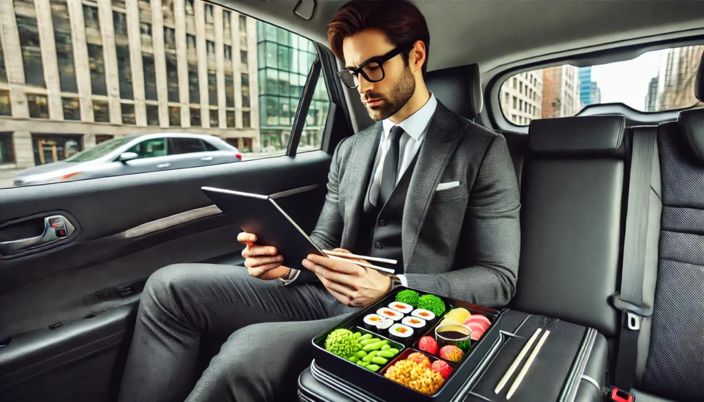 Smart Healthy Eating Tips for Busy Professionals: How to Stay Nourished When You’re Always on the Go 3 A professional in a rideshare vehicle eating from a bento box with sushi, edamame, and fruit while reviewing documents on a tablet, with city buildings outside the window.