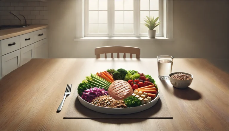 A balanced single large meal on a plate with lean protein, vegetables, and whole grains, placed on a clean wooden table with soft daylight – symbolizing the simplicity and focus of the OMAD diet.