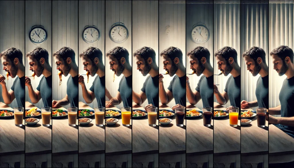 Is Eating One Meal a Day Healthy? What to Know About the OMAD Diet, Weight Loss, and 1 Meal a Day for 7 Days Results 1 A time-lapse style composite showing a person eating one varied meal per day over seven days, with changing light and consistent surroundings, illustrating routine and discipline in the OMAD approach.