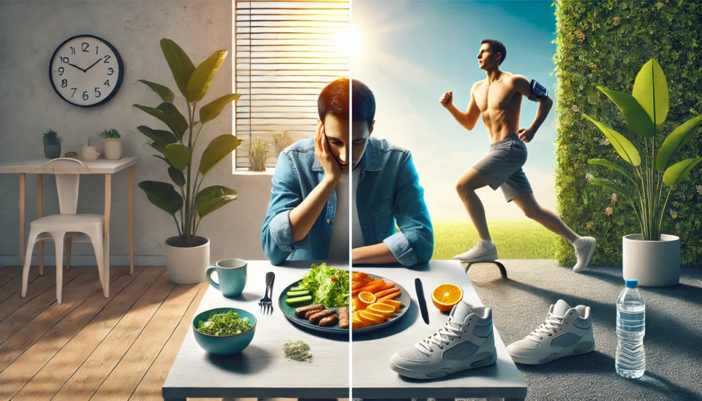 Is Eating One Meal a Day Healthy? What to Know About the OMAD Diet, Weight Loss, and 1 Meal a Day for 7 Days Results 2 Split-screen comparison of a tired person with a sparse meal on one side, and the same person energized outdoors after a nutritious meal on the other, representing both the challenges and benefits of the OMAD lifestyle.