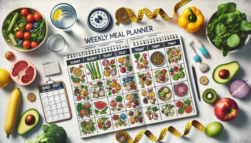 Is Eating One Meal a Day Healthy? What to Know About the OMAD Diet, Weight Loss, and 1 Meal a Day for 7 Days Results 3 Top-down view of a weekly planner showing one colorful meal per day, surrounded by health tools like a tape measure, fitness tracker, water glass, and fresh produce, conveying structure and health focus of OMAD.